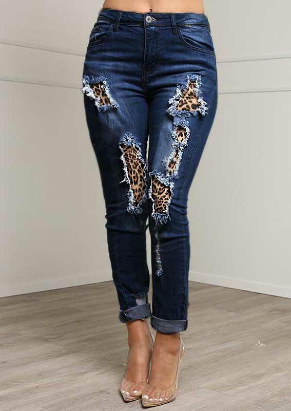 

Leopard Patch Pocket Distressed Denim Jeans - Blue, 493128
