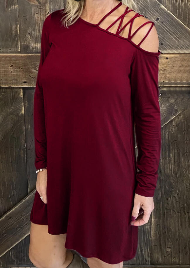 

Criss-Cross Slash Neck Long Sleeve Mini Dress - Burgundy, 493173