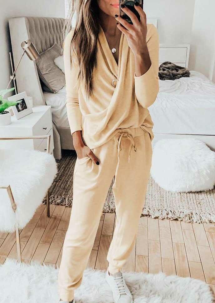 

V-Neck Long Sleeve Blouse And Drawstring Pocket Pants Two-Piece Set, Apricot, 493202