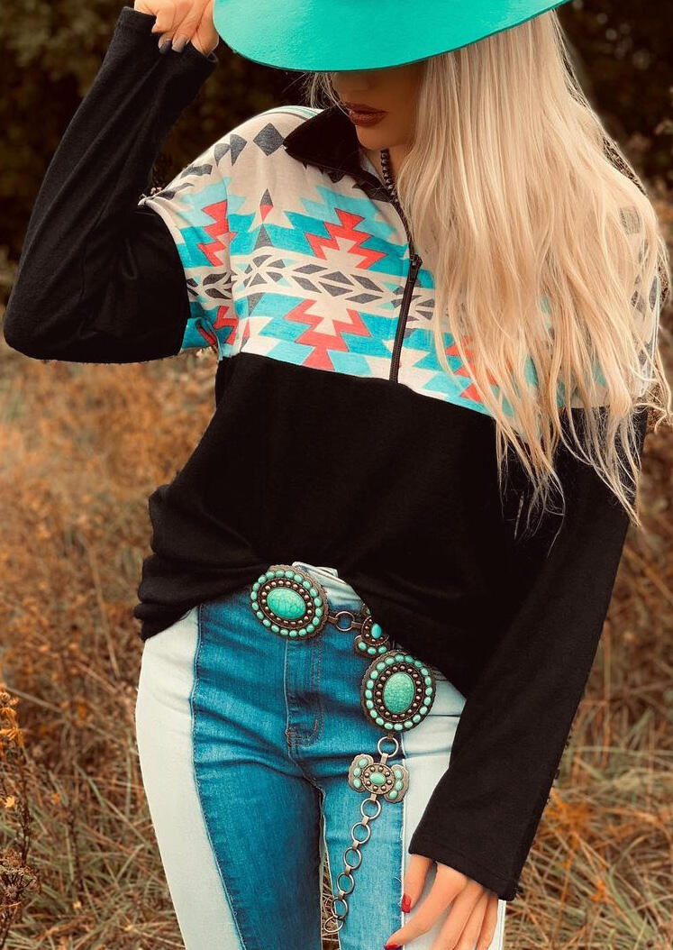 

Aztec Geometric Western Zipper Collar Pullover Sweatshirt, Multicolor, 493217