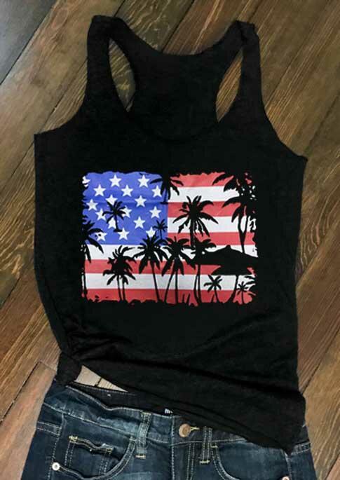 

American Flag Coconut Tree Racerback Tank - Black, 493221