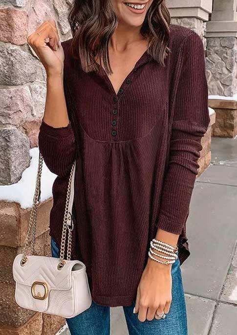 

Button V-Neck Drop Shoulder Blouse - Burgundy, 491638