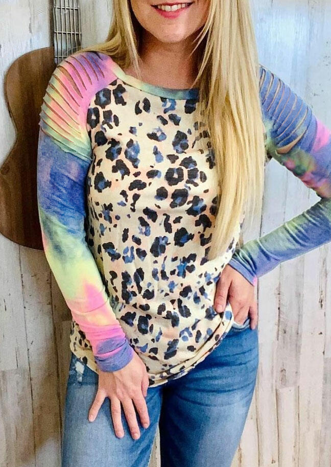 

Leopard Tie Dye Hollow Out Raglan Sleeve Blouse, Multicolor, 491860