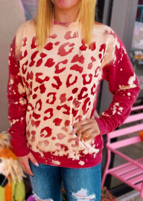 

Leopard Bleached Long Sleeve O-Neck Blouse - Rose Red, 492512