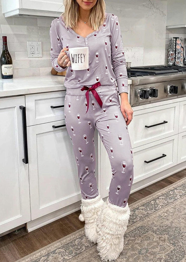 

Wine Glass V-Neck Button Blouse And Tie Pants Pajamas Set, Light purple, 492605