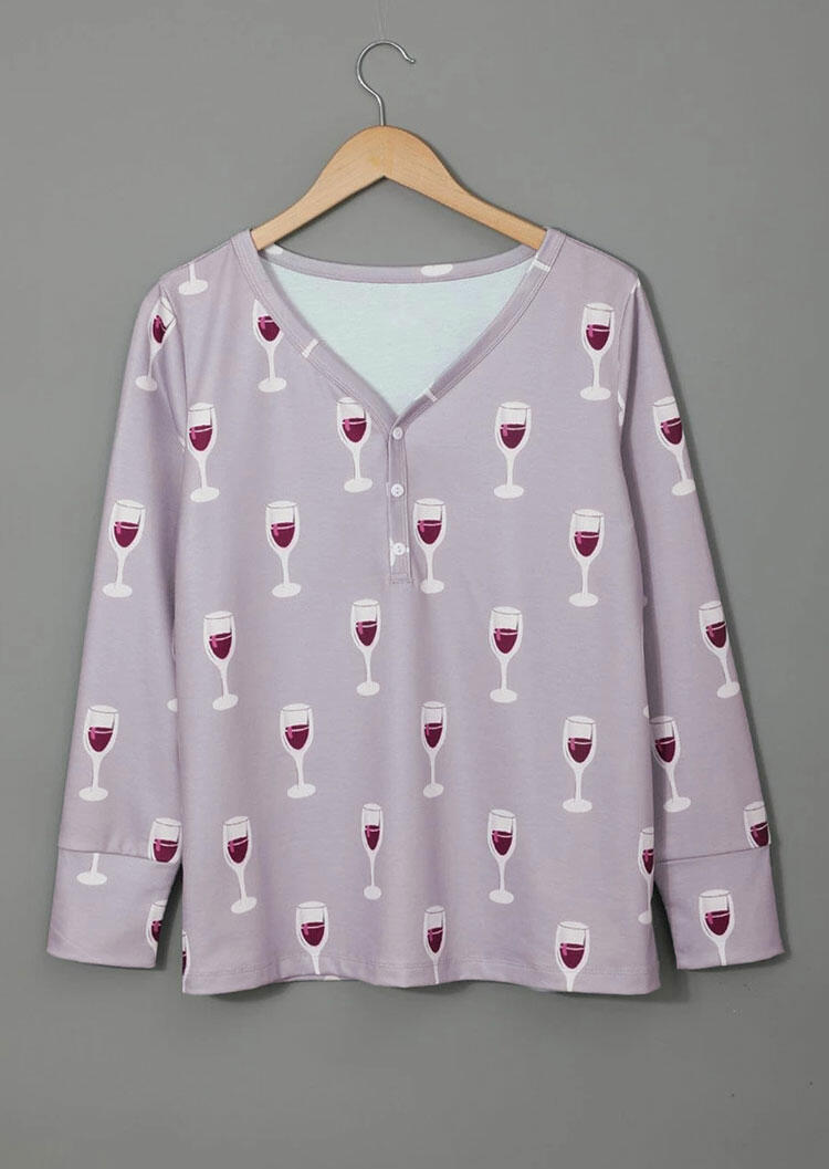 Wine Glass VNeck Button Blouse And Tie Pants Pajamas Set Bellelily
