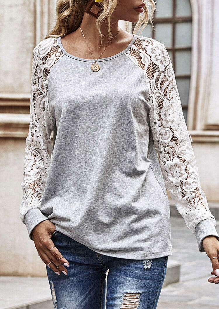 

Lace Splicing Hollow Out Long Sleeve Blouse - Gray, 492825
