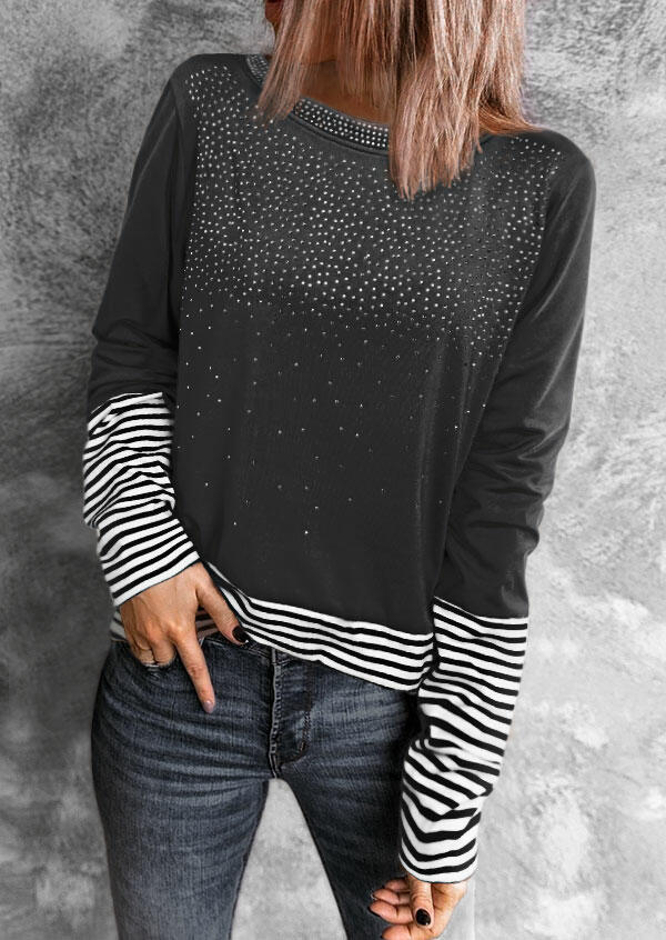 

Rhinestone Striped Splicing Long Sleeve Blouse - Dark Grey, 493022