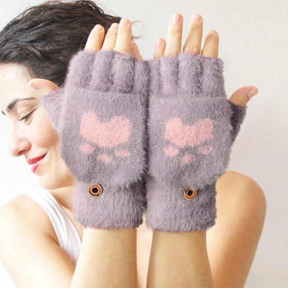 

Winter Plush Cat Paw Convertible Fingerless Gloves, Light purple, 493186