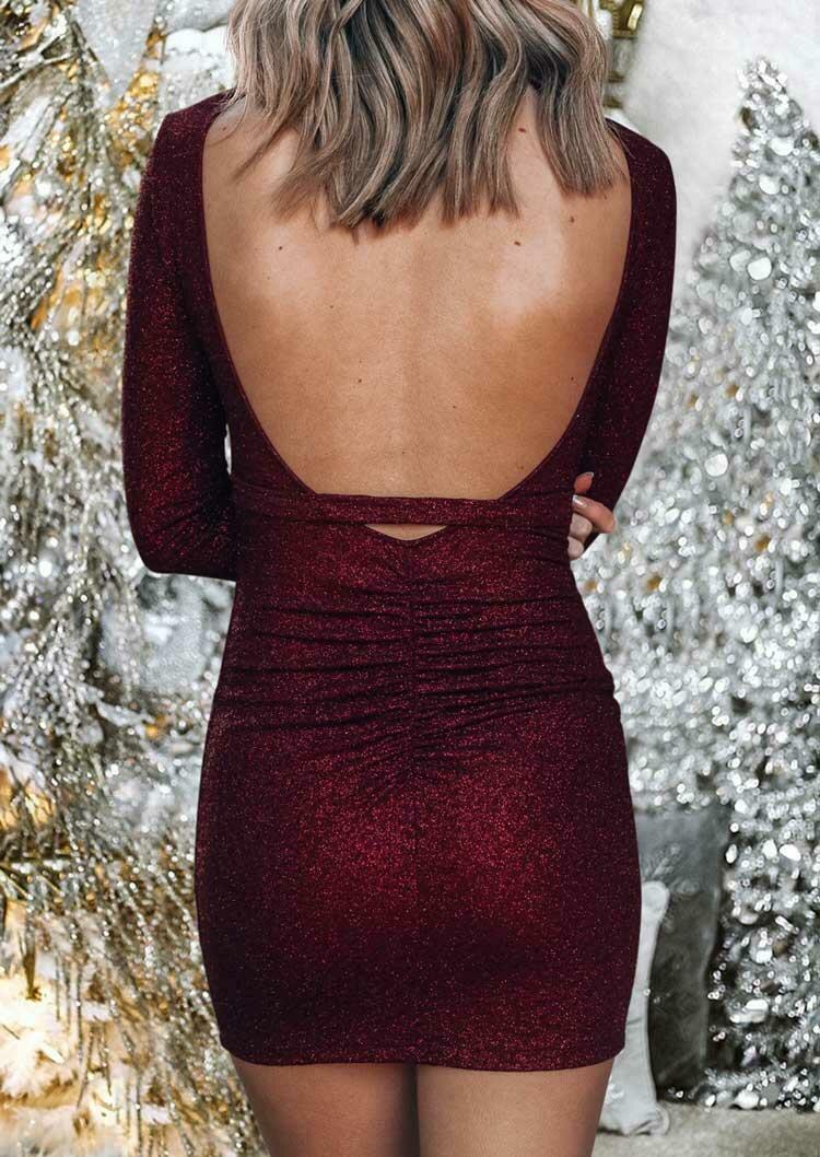

Open Back Ruffled Stella Glitter Bodycon Dress - Burgundy, 493194