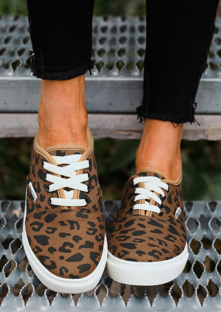 Leopard Lace Up Round Toe Flat Canvas Sneakers, 493232