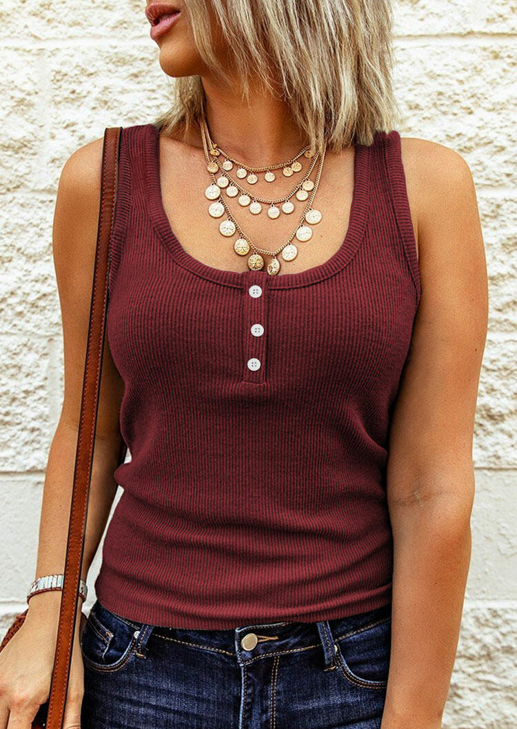 

Button O-Neck Casual Knitted Tank - Burgundy, 493241