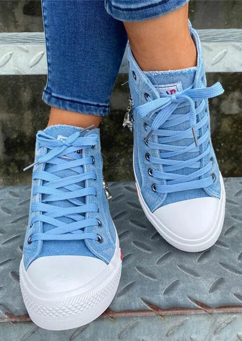 Zipper Lace Up Round Toe Flat Denim Sneakers - Blue - Bellelily