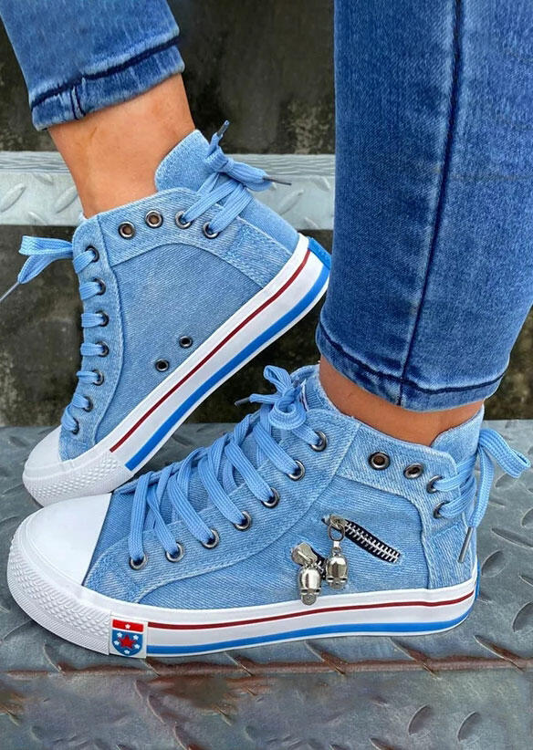 

Zipper Lace Up Round Toe Flat Denim Sneakers - Blue, 493243