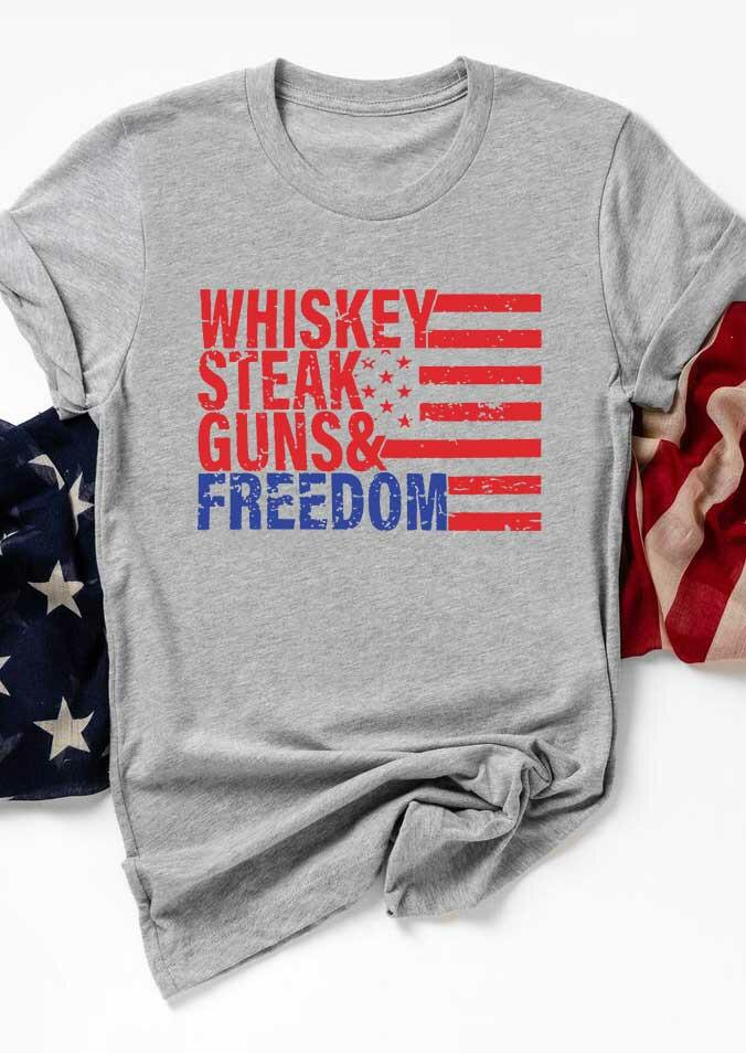 

Whiskey Steak Guns & Freedom American Flag T-Shirt Tee - Light Grey, 493273