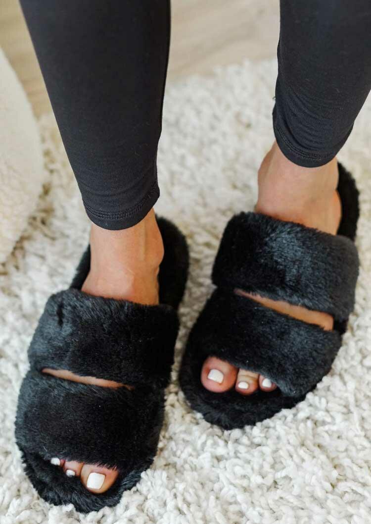 

Plush Warm Two Strap Slip On Flat Slippers - Black, 493274