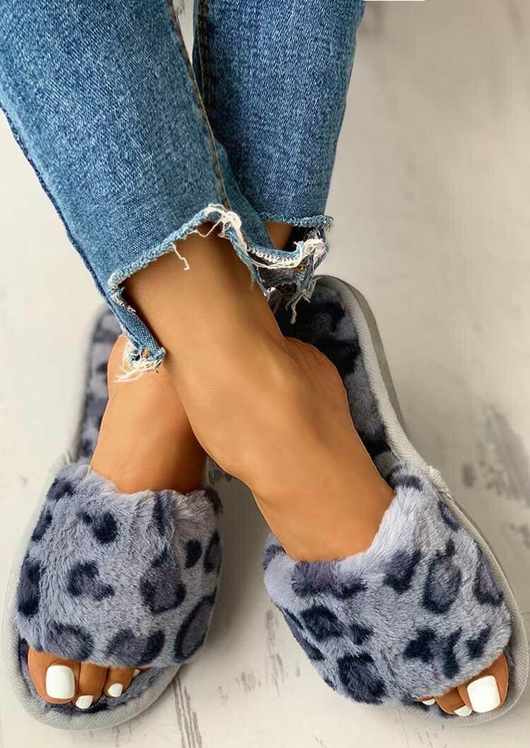 

Leopard Peep Toe Warm Plush Indoor Slippers, 493278