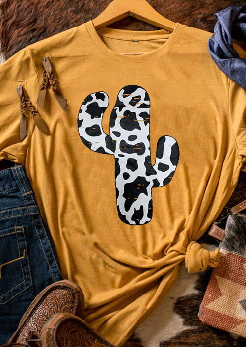 

Western Cow Cactus O-Neck T-Shirt Tee - Yellow, 493325