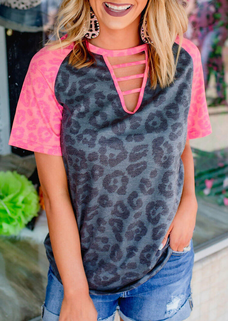 

Leopard Hollow Out Raglan Sleeve T-Shirt Tee, 493346
