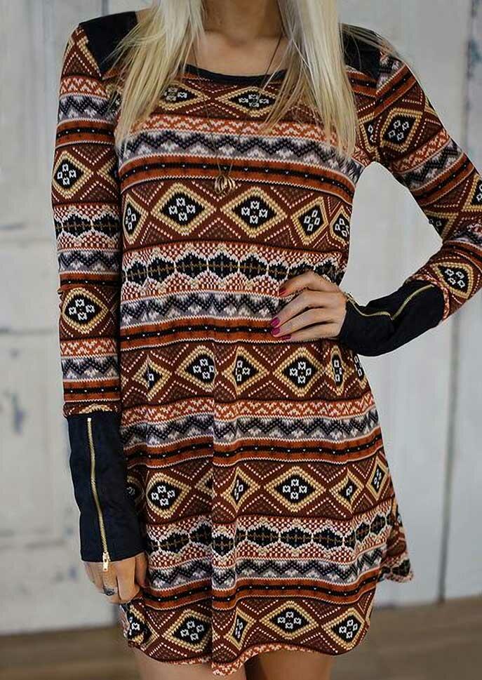 

Aztec Geometric Zipper Long Sleeve Mini Dress, Multicolor, 493200