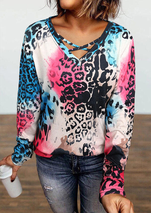

Tie Dye Leopard Criss-Cross Long Sleeve Blouse, Multicolor, 493311