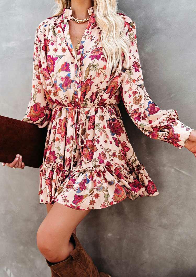 

Floral Ruffled Button Long Sleeve Mini Dress - Flesh, 493363