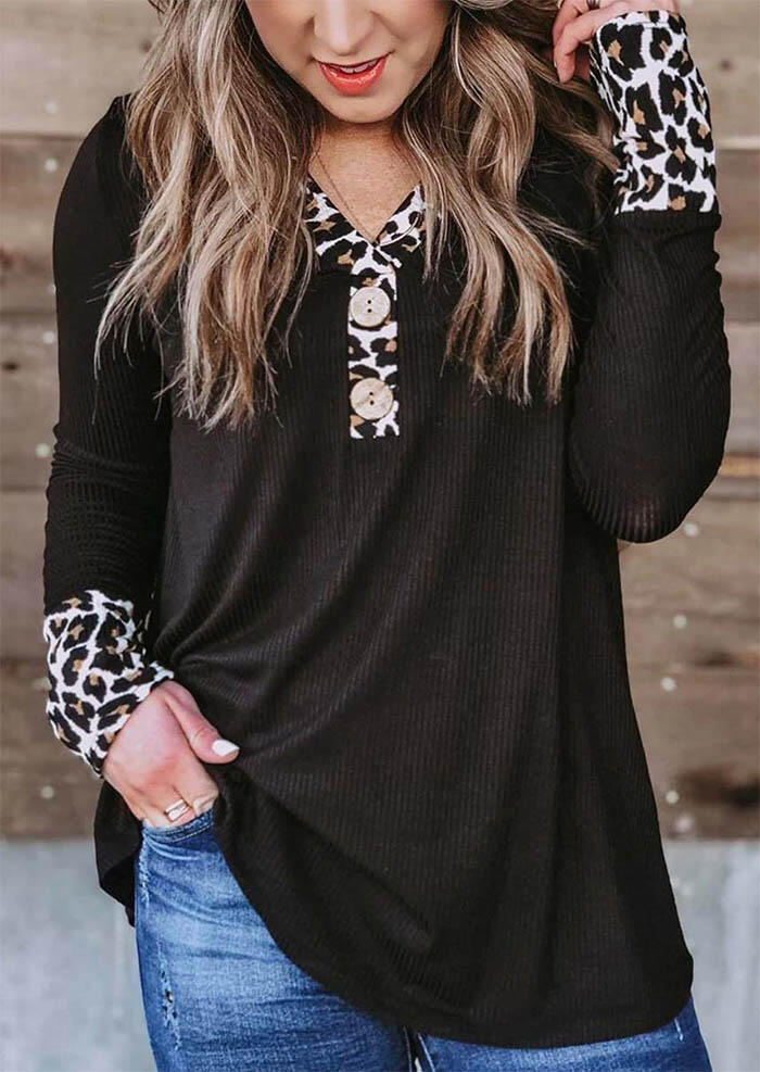 

Leopard Splicing Button Long Sleeve Blouse - Black, 493376