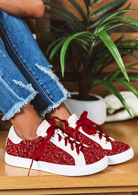 

Bright Glitter Lace Up Round Toe Sneakers - Burgundy, 493517