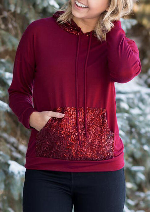 

Sequined Splicing Kangaroo Pocket Drawstring Hoodie - Burgundy, 493521