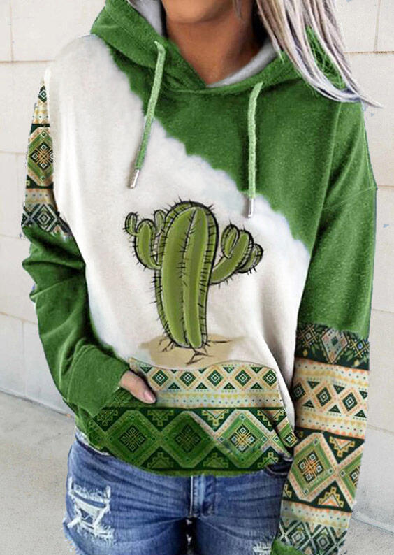 

Cactus Aztec Geometric Kangaroo Pocket Drawstring Hoodie - Green, 493524