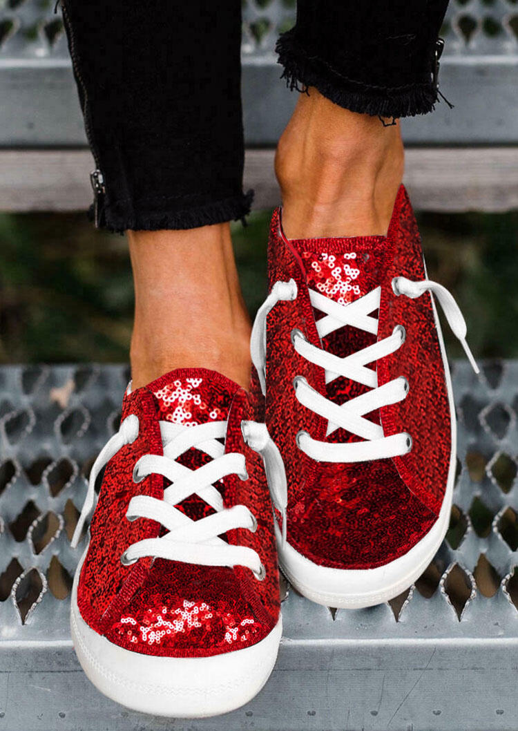 

Sequined Splicing Lace Up Flat Sneakers - Red, 493547