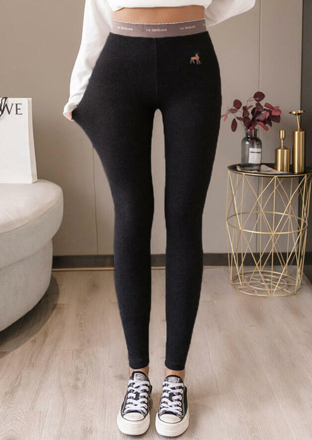 

Deer Winter Warm Fleece Lined Elastic Waist Leggings - Black, 491693