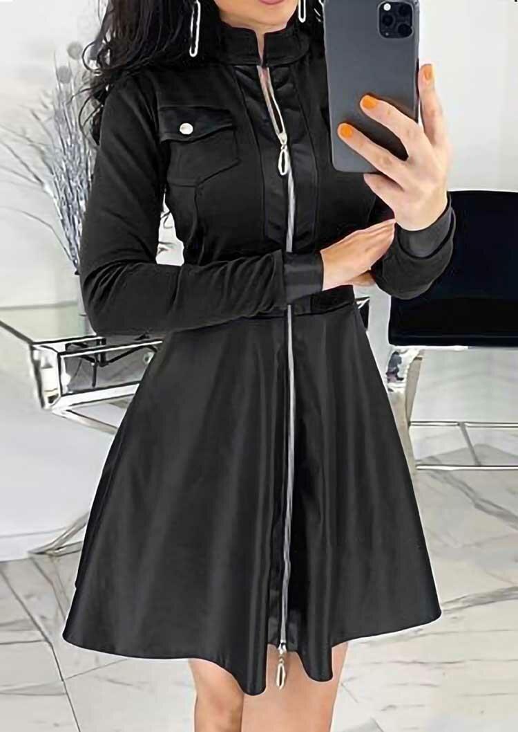

Button Pocket Zipper Long Sleeve Mini Dress - Black, 488923