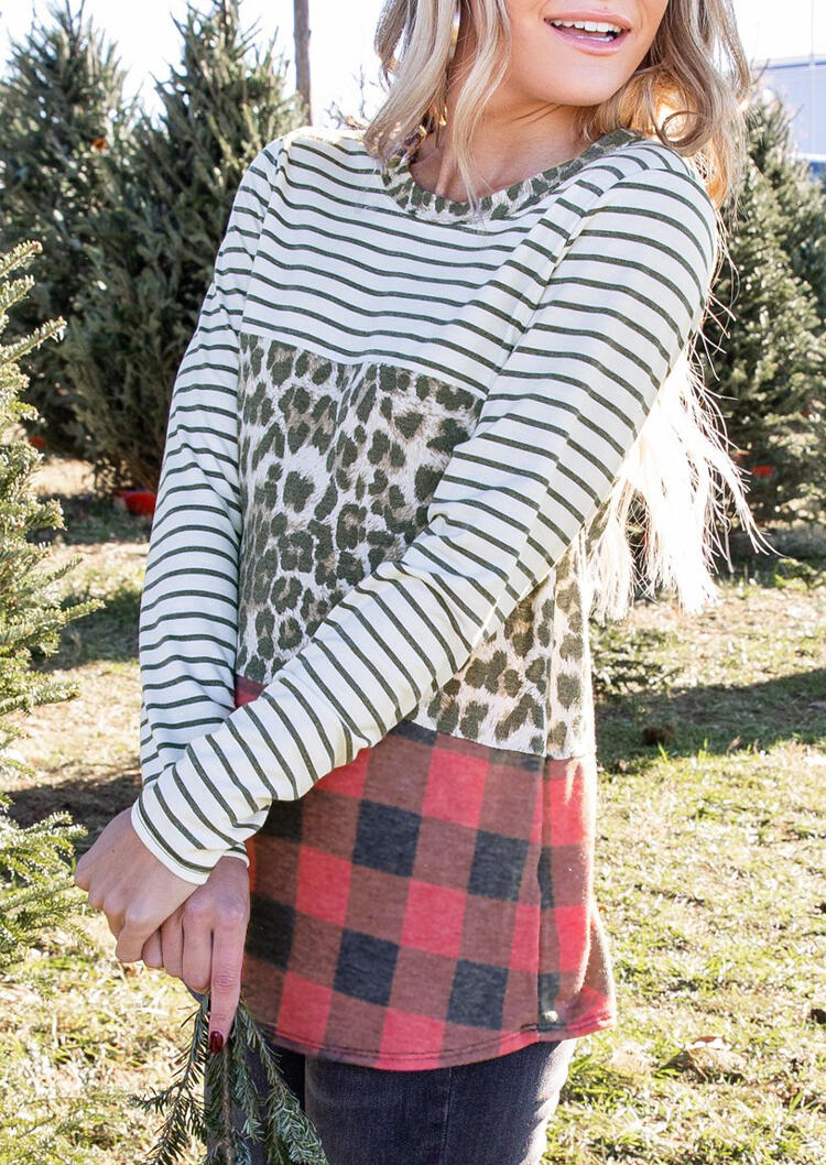 

Leopard Striped Buffalo Plaid Splicing Casual Blouse, Multicolor, 491915