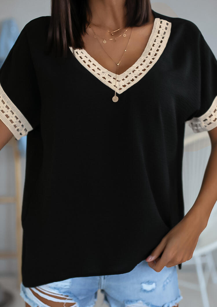 Hollow Out Lace Splicing V-Neck Blouse - Black