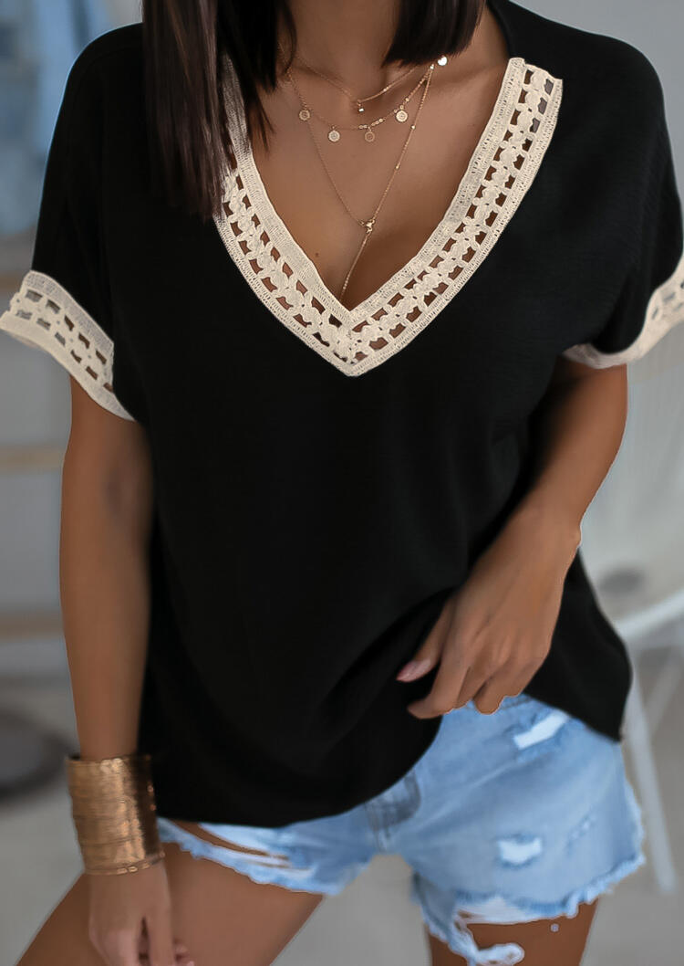 

Hollow Out Lace Splicing V-Neck Blouse - Black, 493406