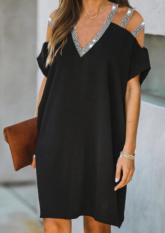 

Glitter Splicing Hollow Out Sleeve V-Neck Mini Dress - Black, 493569