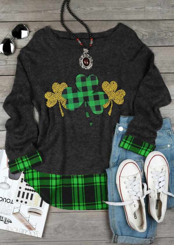 

Lucky Shamrock Plaid Leopard Blouse - Dark Grey, 493570