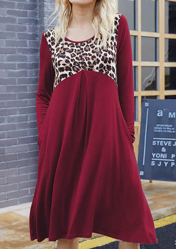 

Leopard Splicing O-Neck Long Sleeve Mini Dress - Red, 493572