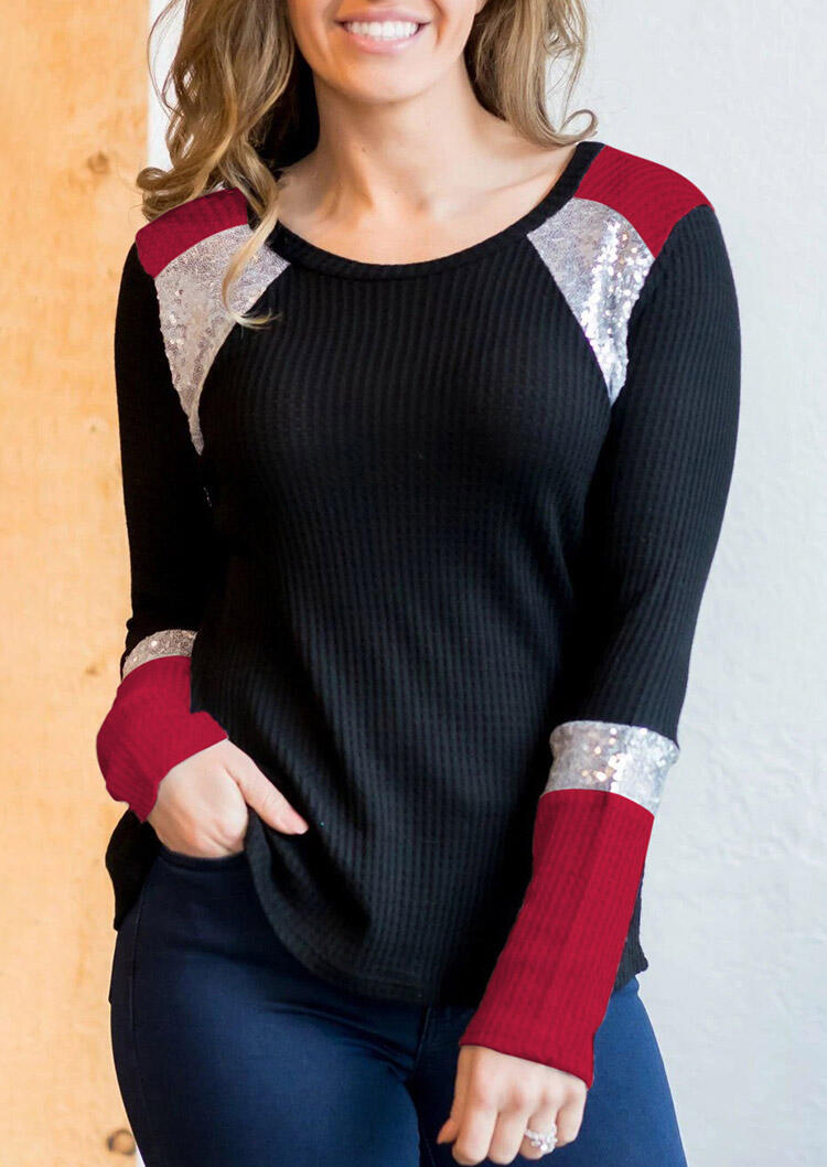 

Sequined Color Block Long Sleeve Blouse - Black, 493595