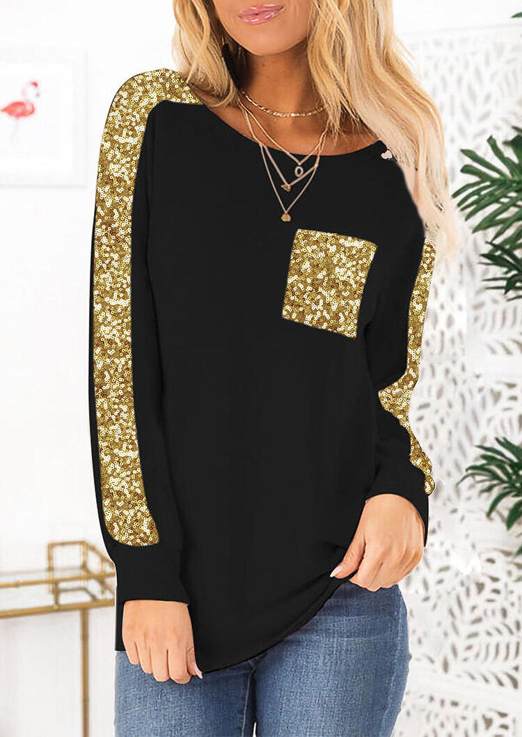 

Sequined Splicing Pocket Long Sleeve Blouse - Black, 493596