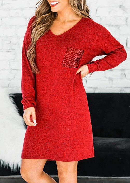 

Sequined Pocket Splicing V-Neck Long Sleeve Mini Dress - Red, 493613