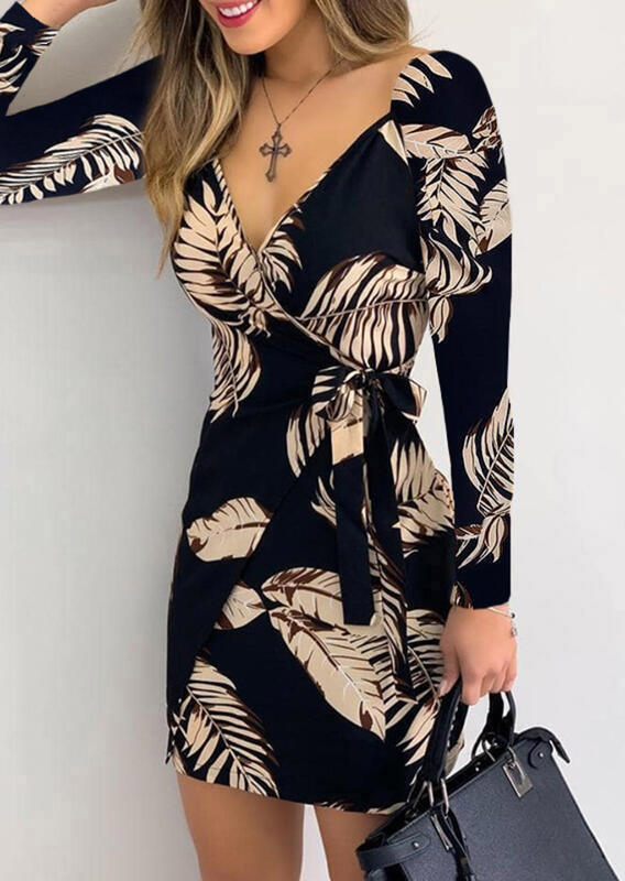

Palm Leaf Wrap V-Neck Long Sleeve Bodycon Dress, Multicolor, 491567