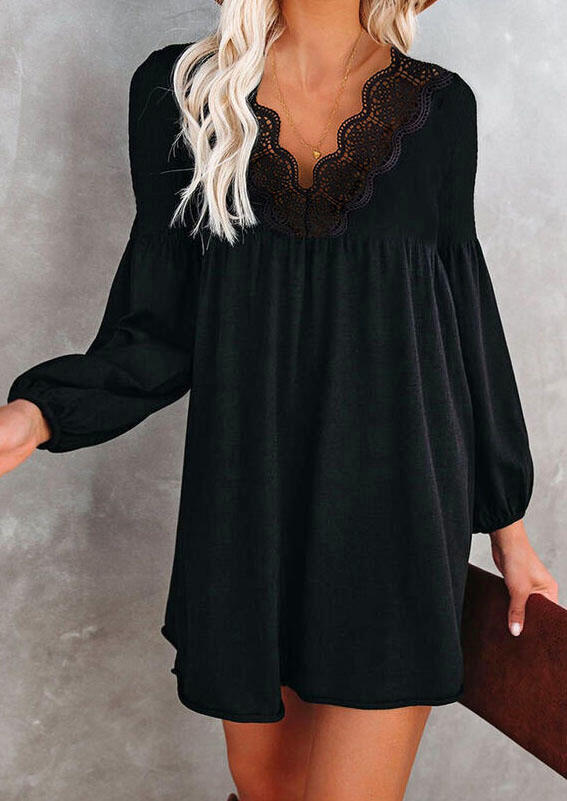 

Lace Splicing Ruffled Lantern Sleeve V-Neck Mini Dress - Black, 493571