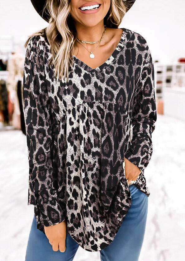 

Leopard Ruffled Long Sleeve V-Neck Blouse, 493606