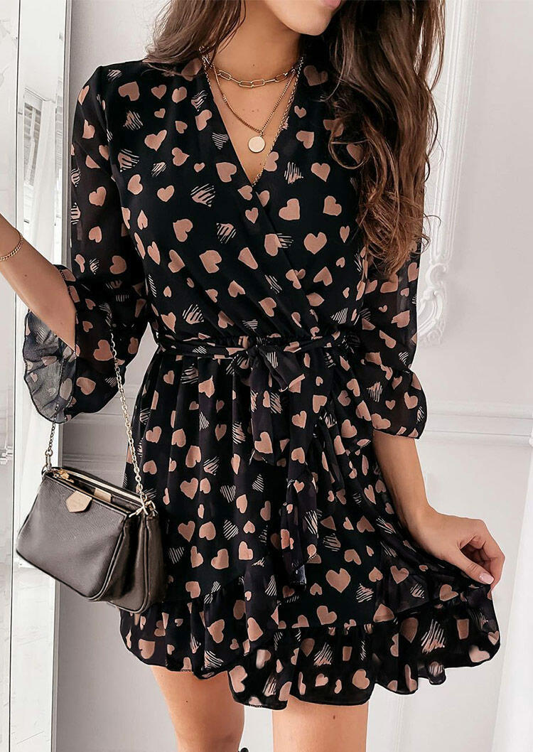 

Valentine Love Heart Ruffled V-Neck Mini Dress - Black, 493616