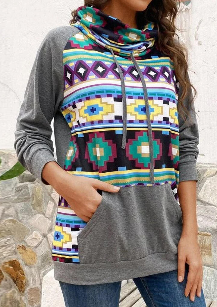 

Aztec Geometric Drawstring Cowl Neck Sweatshirt, Multicolor, 493637