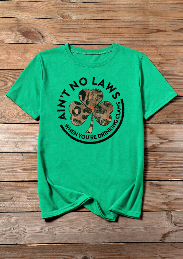 Leopard Lucky Shamrock Letter T-Shirt Tee - Green