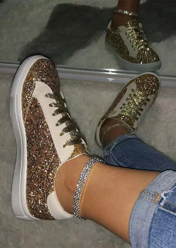 

Glitter Lace Up Round Toe Flat Sneakers - Gold, 493681