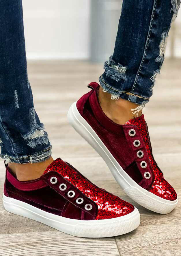 

Sequined Splicing Slip On Round Toe Flat Sneakers - Red, 493687